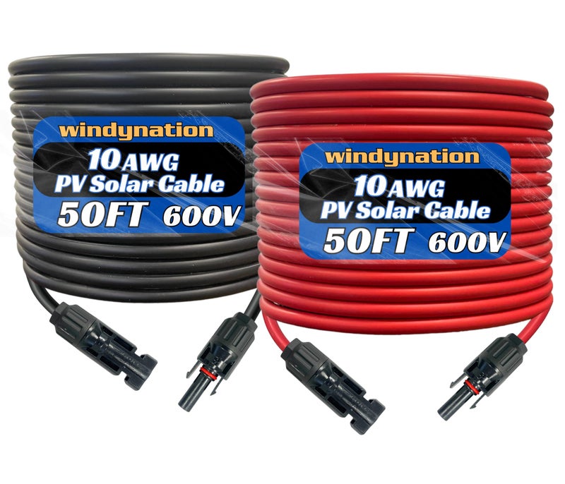 WindyNation 10 Gauge 10 AWG Pair 50 Feet Black + 50 Feet Red PV Photovoltaic Solar Panel Extension Cable Wire Solar Connectors - Image 1